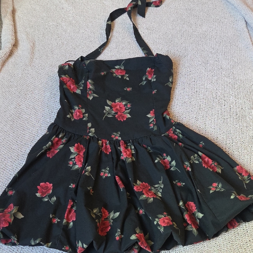 Hollister Black Dress with Red Floral Pattern